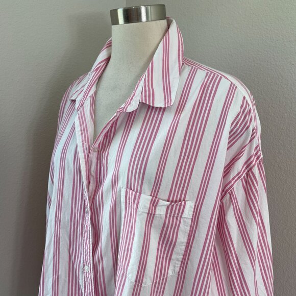 Old Navy Womens Plus 2X Boyfriend Shirt Pink White Striped Button Up Oversized - Picture 2 of 9